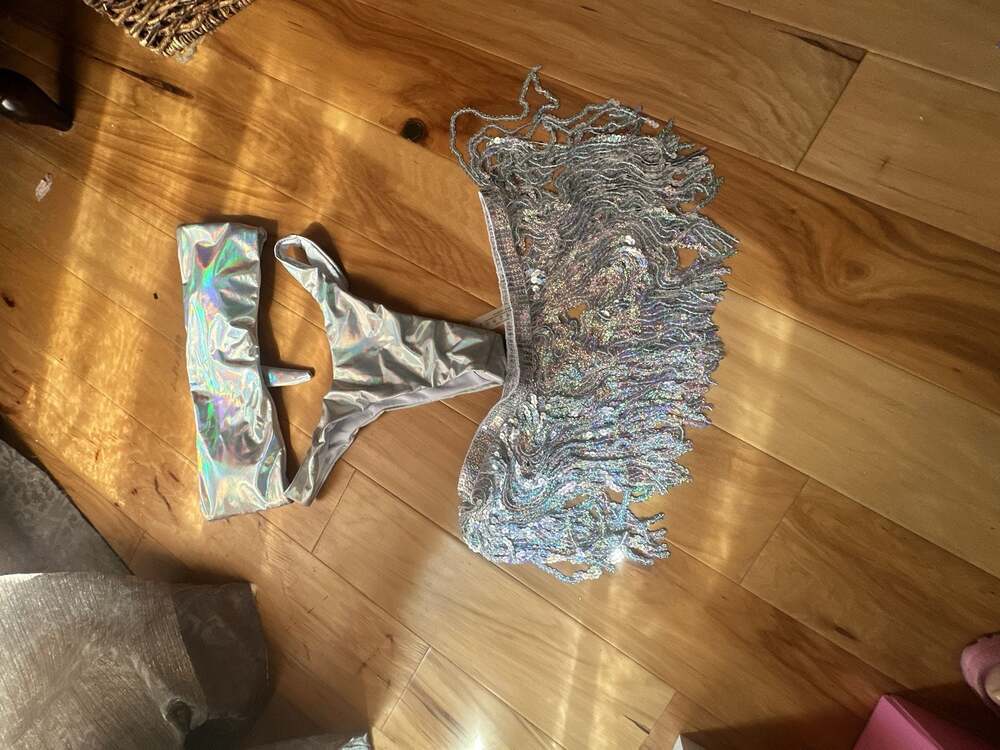 SHEIN Holographic Metallic Bikini and Sequin Fringe Skirt Set